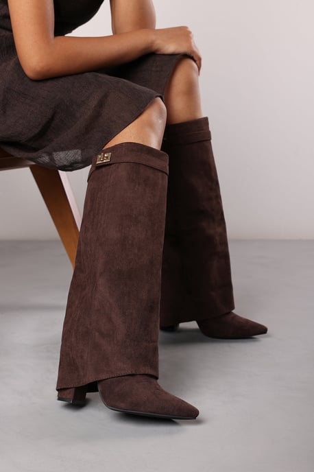 'Nova' Fold Over Shark Block Heel Point Toe Boots in Brown Suede - Image 1