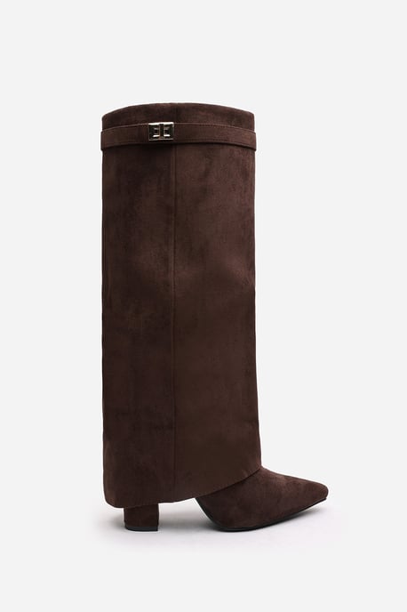 'Nova' Fold Over Shark Block Heel Point Toe Boots in Brown Suede - Image 2