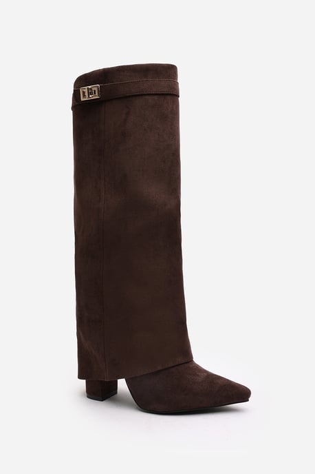 'Nova' Fold Over Shark Block Heel Point Toe Boots in Brown Suede - Image 3