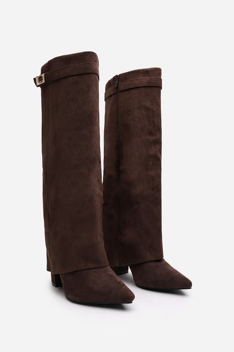 'Nova' Fold Over Shark Block Heel Point Toe Boots in Brown Suede - Image 4