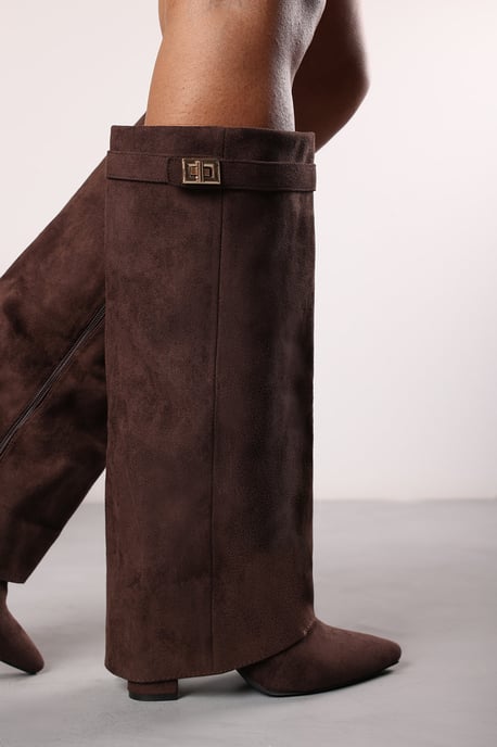 'Nova' Fold Over Shark Block Heel Point Toe Boots in Brown Suede - Image 5