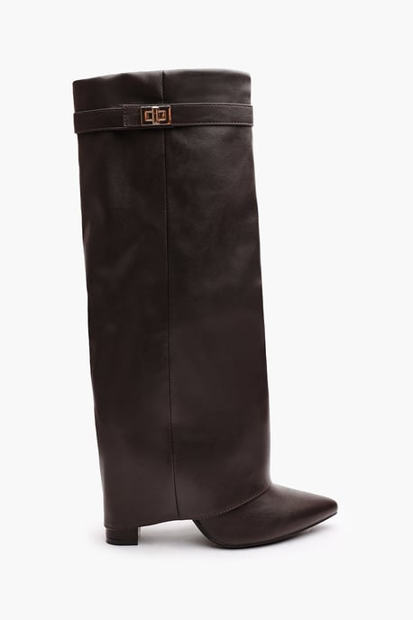'Nova' Fold Over Shark Block Heel Point Toe Boots in Brown Faux Leather - Image 2