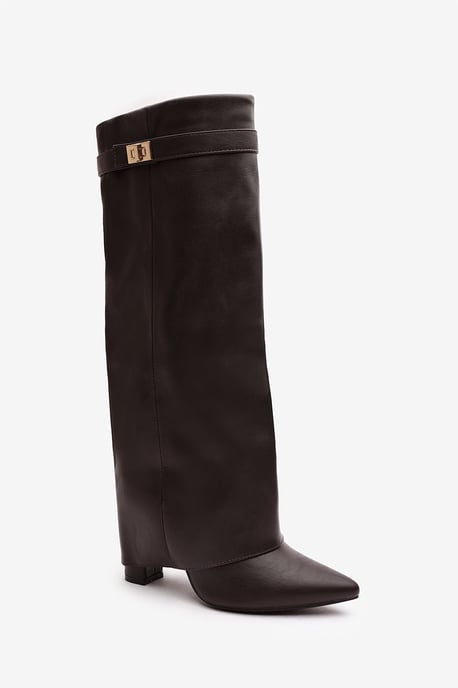 'Nova' Fold Over Shark Block Heel Point Toe Boots in Brown Faux Leather - Image 3