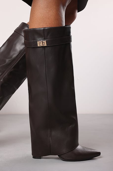 'Nova' Fold Over Shark Block Heel Point Toe Boots in Brown Faux Leather - Image 4