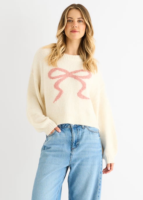 Cream Präglad Kontrastbåge Kort Stickad Jumper - Image 2