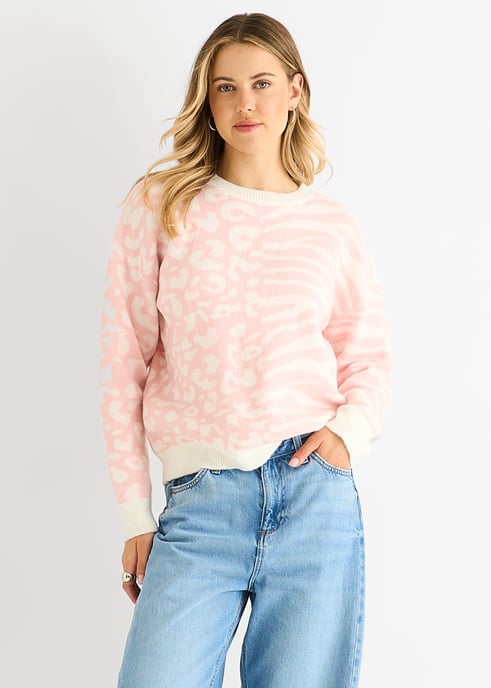 Rosa Kontrast Zebra Djur Stickad Tröja - Image 2