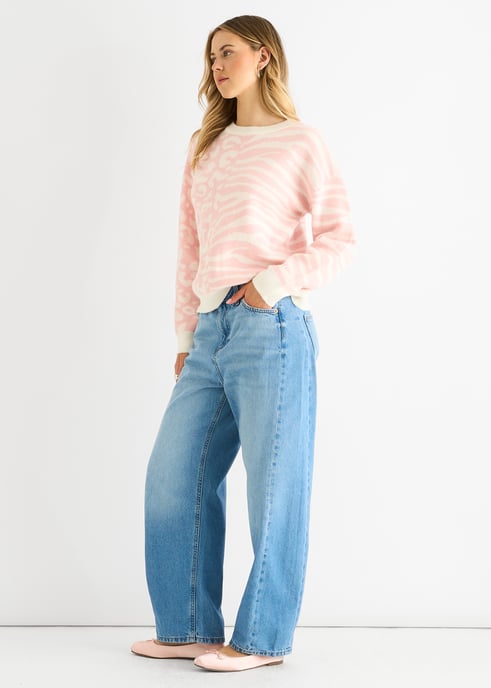 Rosa Kontrast Zebra Djur Stickad Tröja - Image 3