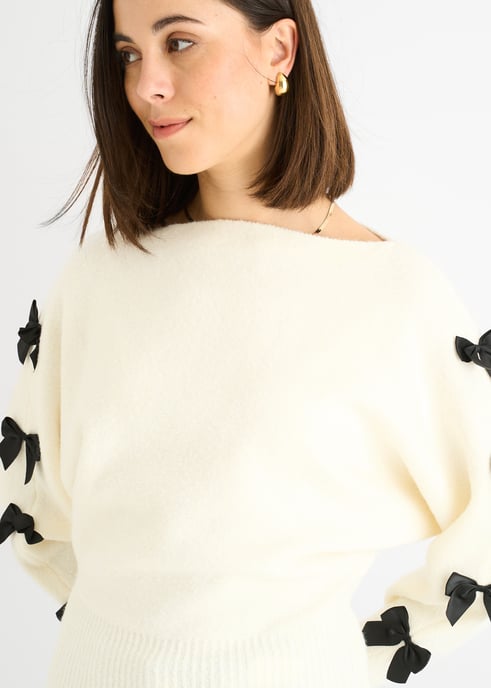 Cream Slash Neck Crop Bow Knit Jumper - Image 2