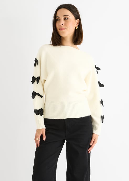 Cream Slash Neck Crop Bow Knit Jumper - Image 3