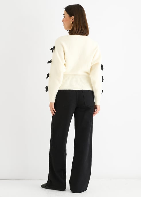 Cream Slash Neck Crop Bow Knit Jumper - Image 4