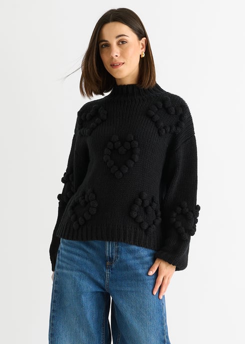 Svart Heart Bubble Chunky Stickad Jumper med hög hals - Image 4