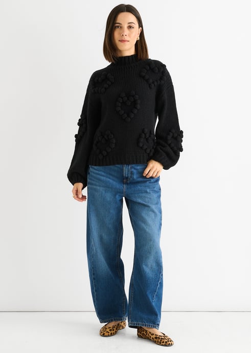 Svart Heart Bubble Chunky Stickad Jumper med hög hals - Image 1