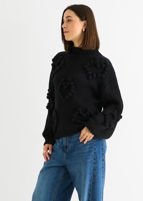 Svart Heart Bubble Chunky Stickad Jumper med hög hals - Image 3