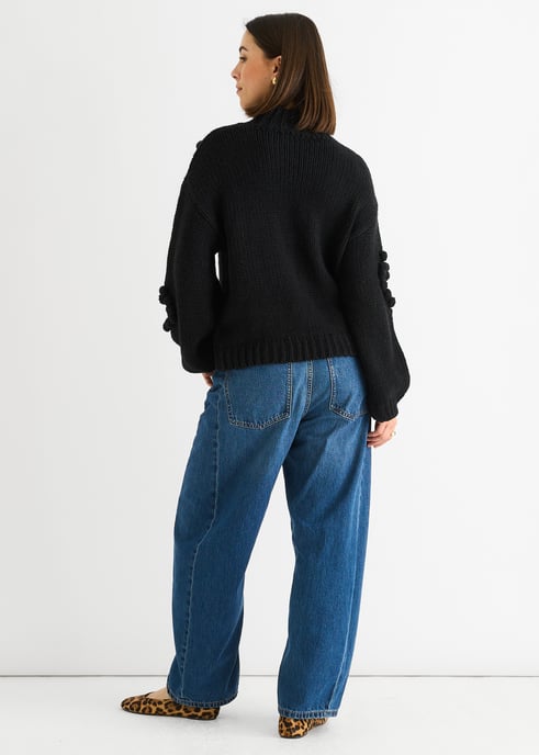 Svart Heart Bubble Chunky Stickad Jumper med hög hals - Image 5