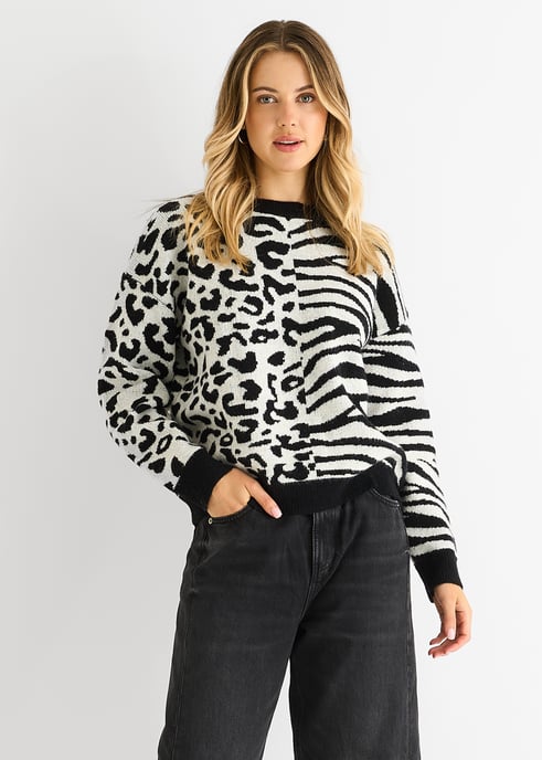 Black Contrast Zebra Animal Knit Jumper - Image 1