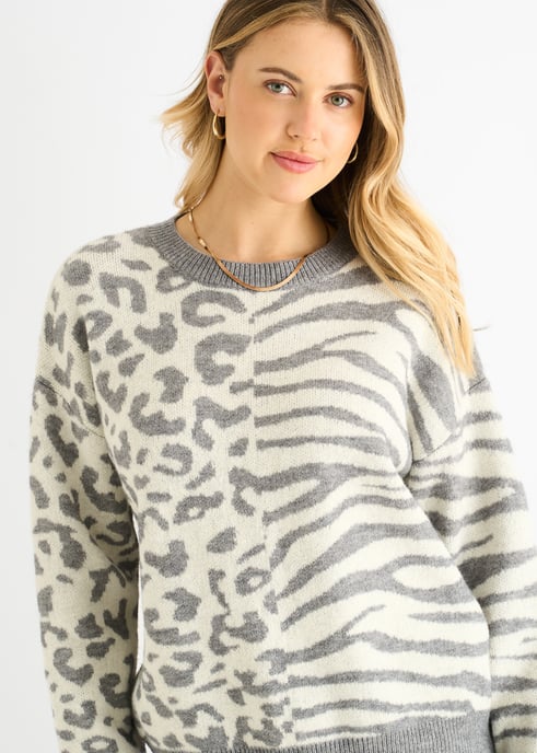 Grey Contrast Zebra Animal Knit Jumper - Image 2