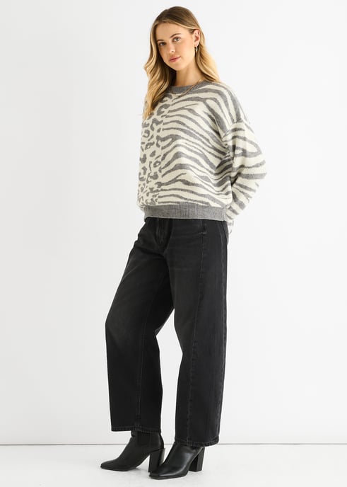 Grey Contrast Zebra Animal Knit Jumper - Image 3