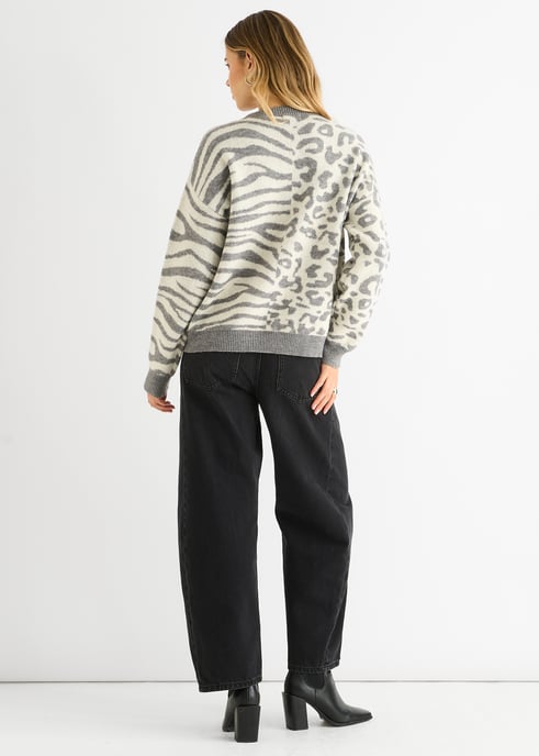 Grey Contrast Zebra Animal Knit Jumper - Image 4