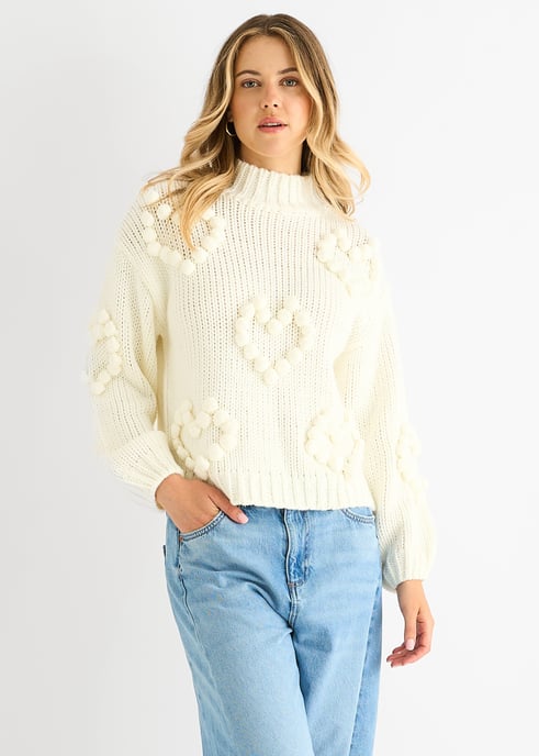 Cream Heart Bubble Chunky Knit High Neck Jumper - Image 1