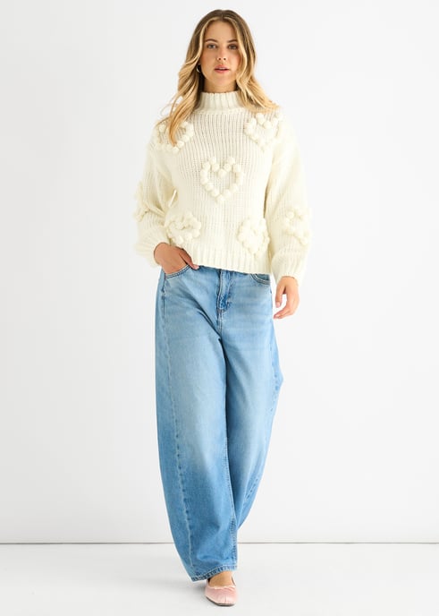 Cream Heart Bubble Chunky Knit High Neck Jumper - Image 2
