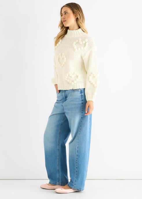 Cream Heart Bubble Chunky Knit High Neck Jumper - Image 3