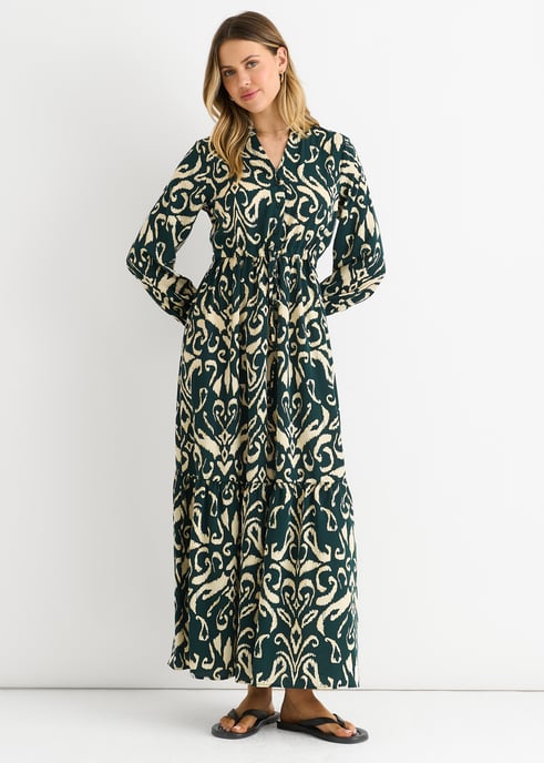 Groene Ikat Maxi jurk met strikbandprint - Image 1