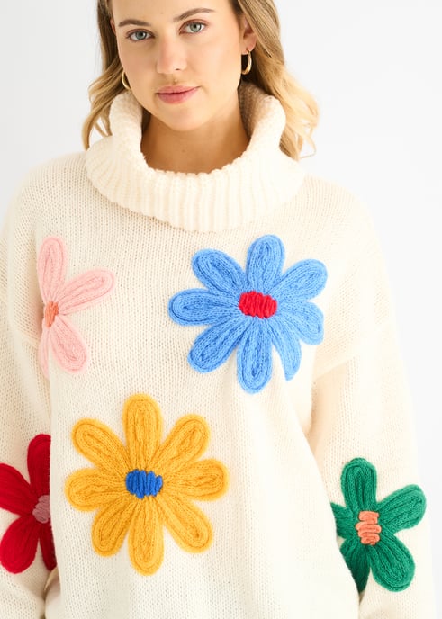 Krämfärgad överdimensionerad tröja med blommiga applikationer - Image 2