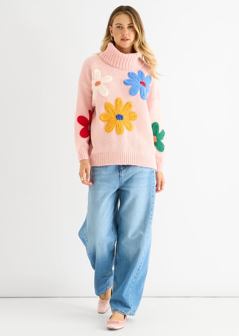 Pink Floral Applique Oversized Jumper - Image 1