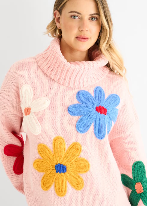 Pink Floral Applique Oversized Jumper - Image 2