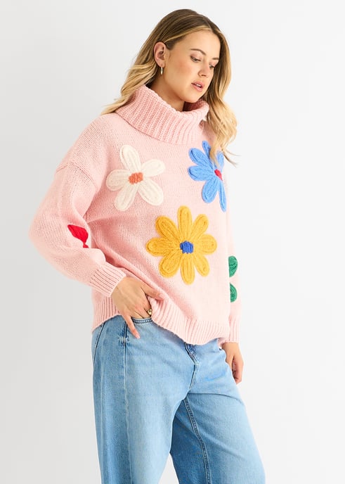 Pink Floral Applique Oversized Jumper - Image 3