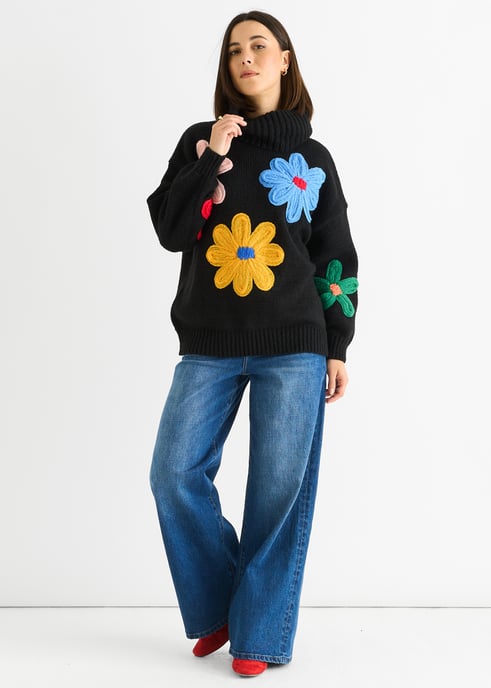Black Floral Applique Oversized Jumper - Image 1