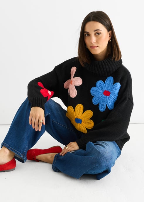 Black Floral Applique Oversized Jumper - Image 2