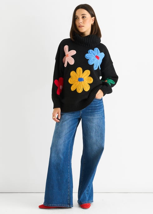 Black Floral Applique Oversized Jumper - Image 3
