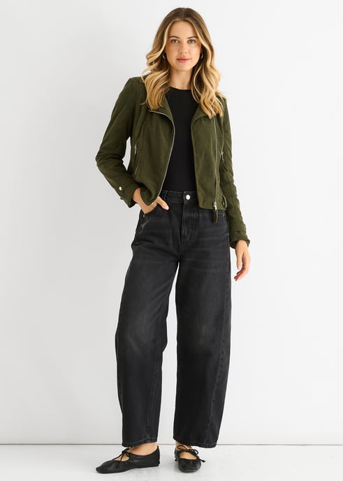 Khaki Corduroy Biker Zip Up Jacket - Image 1