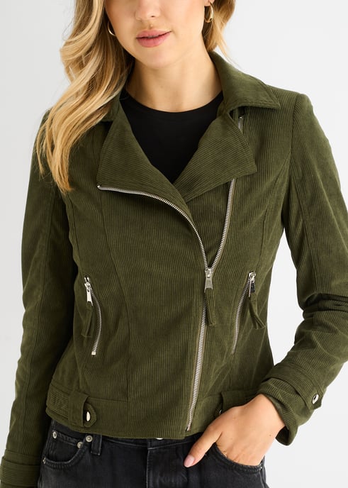 Khaki Corduroy Biker Zip Up Jacket - Image 2