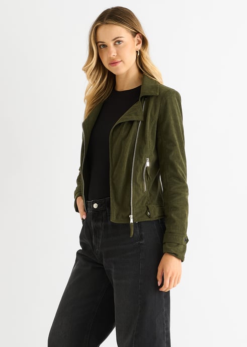 Khaki Corduroy Biker Zip Up Jacket - Image 3