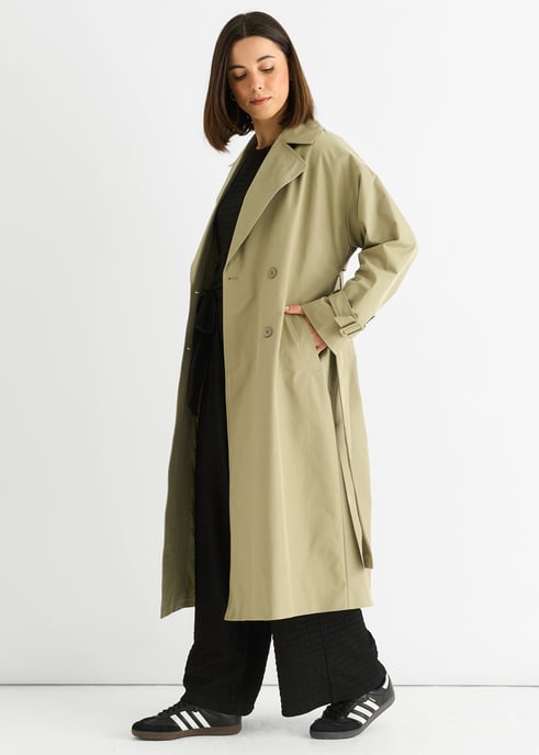 Sage Green Double Breast Longline Belted Trench Coat - Image 3