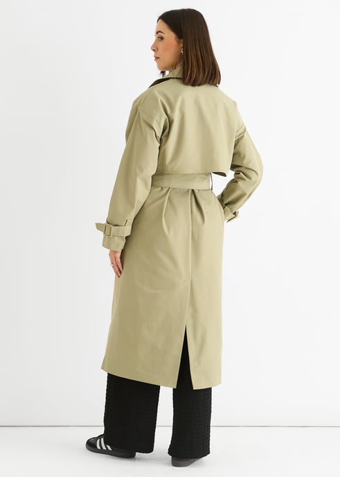 Sage Green Double Breast Longline Belted Trench Coat - Image 4