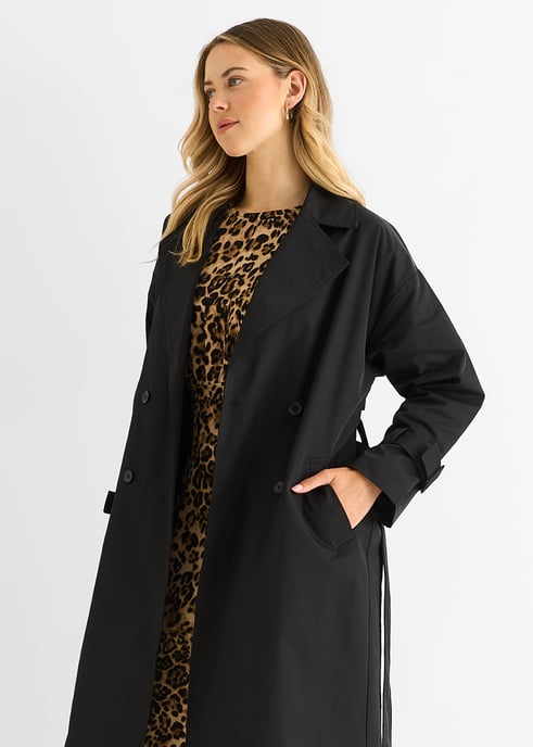 Svart dubbelbröstad långärmad bältad Trench Coat - Image 3
