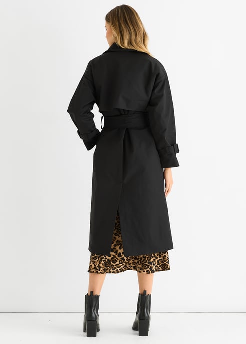 Svart dubbelbröstad långärmad bältad Trench Coat - Image 4