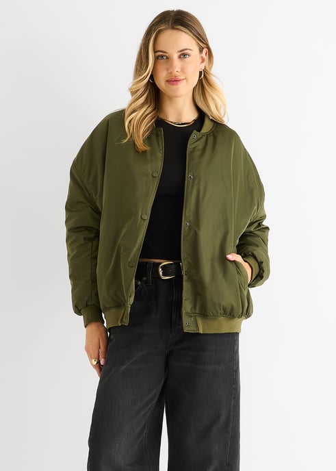 Khaki Padded Oversized Bomber Jacket - Image 1