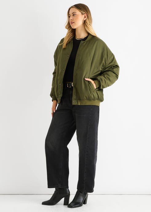 Khaki Padded Oversized Bomber Jacket - Image 3