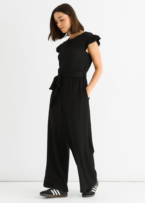 Svart Stretch Texture Frill Jumpsuit med resår i midjan - Image 3