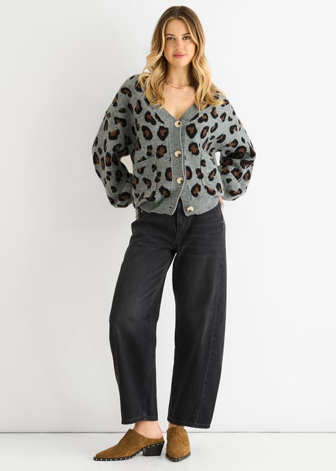 Grey Animal Print Knit Short Cardigan - Image 1