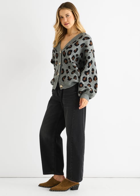 Grey Animal Print Knit Short Cardigan - Image 3