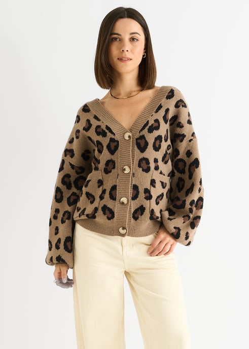 Camel Animal Print Stickad Kort Cardigan - Image 1