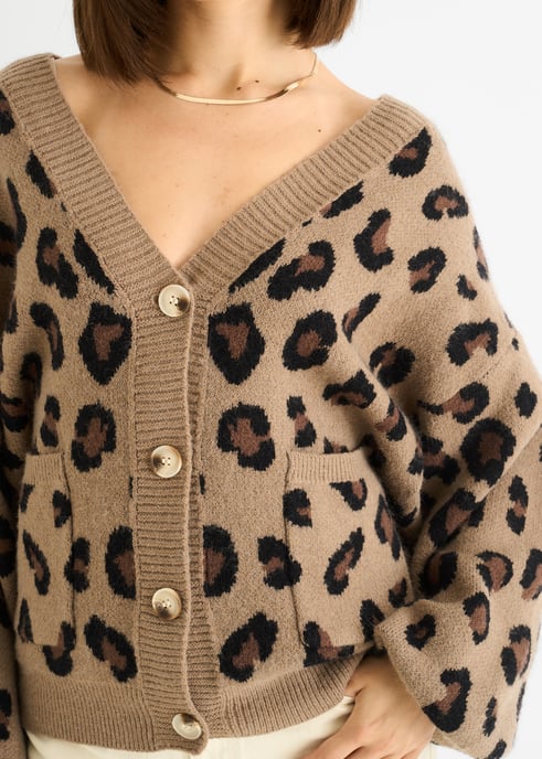 Camel Animal Print Stickad Kort Cardigan - Image 2