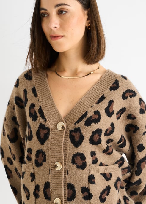 Camel Animal Print Stickad Kort Cardigan - Image 3
