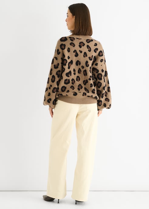 Camel Animal Print Stickad Kort Cardigan - Image 4