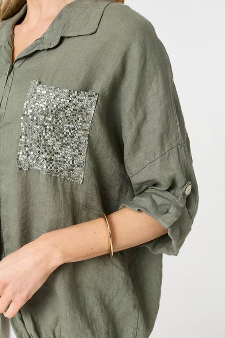 Khaki Sequin Detail 3/4 Turn-Up Sleeve Shirt - Image 2